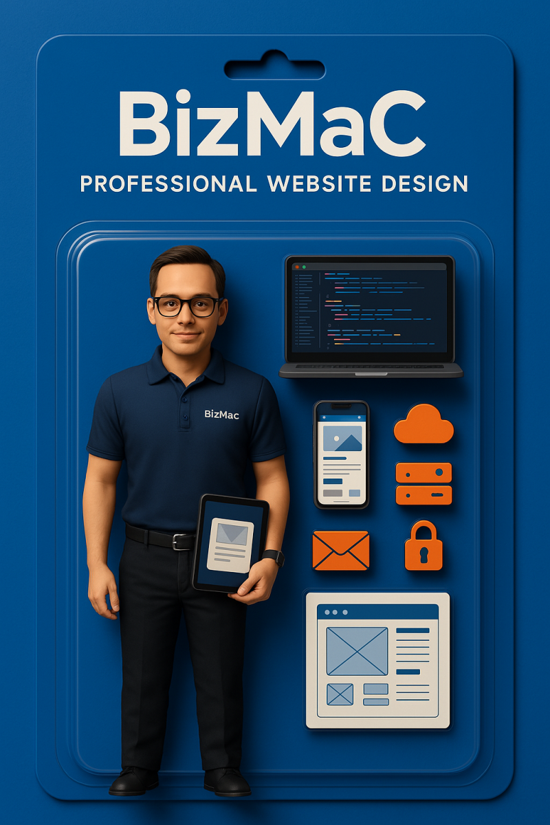 Nhân vật BizMaC Web Pro tạo bởi AI từ prompt, thể hiện dịch vụ thiết kế web công nghệ